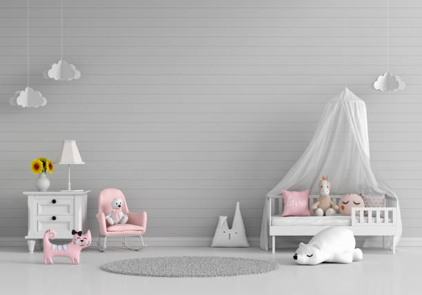 istock Gray child bedroom for mockup, 3D rendering 1302757064