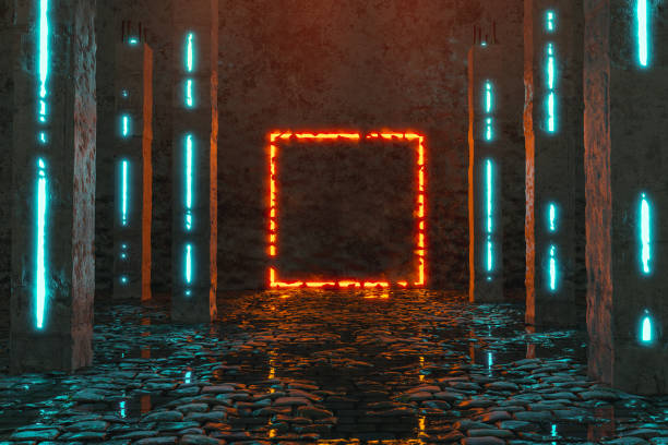 istock 3d rendering of orange lighten square shape next by concrete pillars and cobblestone floor with puddles 1302758347