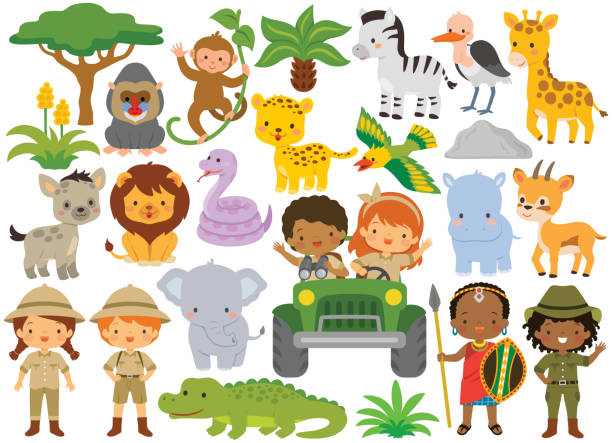 ilustraciones, imágenes clip art, dibujos animados e iconos de stock de safari paquete de imágenes prediseñadas - animales lindos y niños - cartoon giraffe young animal africa