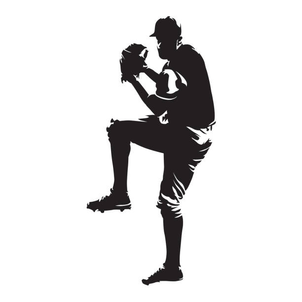 ilustraciones, imágenes clip art, dibujos animados e iconos de stock de jugador de béisbol, pelota de lanzamiento de lanzador, silueta vectorial abstracta - baseball silhouette baseball player sport