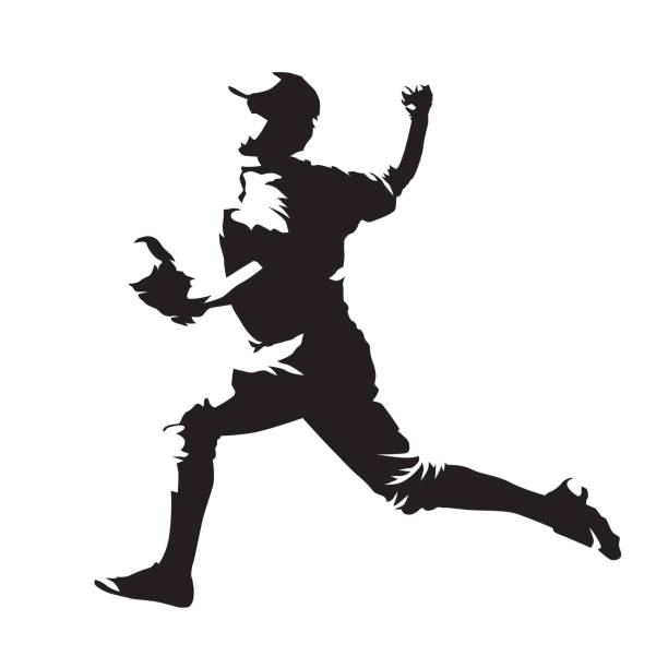 baseballista, dzban rzucający piłką, abstrakcyjna sylwetka wektora - playing baseball white background action stock illustrations