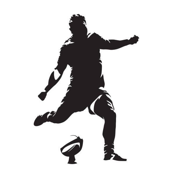 rugby-spieler kicking ball, abstrakte vektor-silhouette - rugby shirt stock-grafiken, -clipart, -cartoons und -symbole