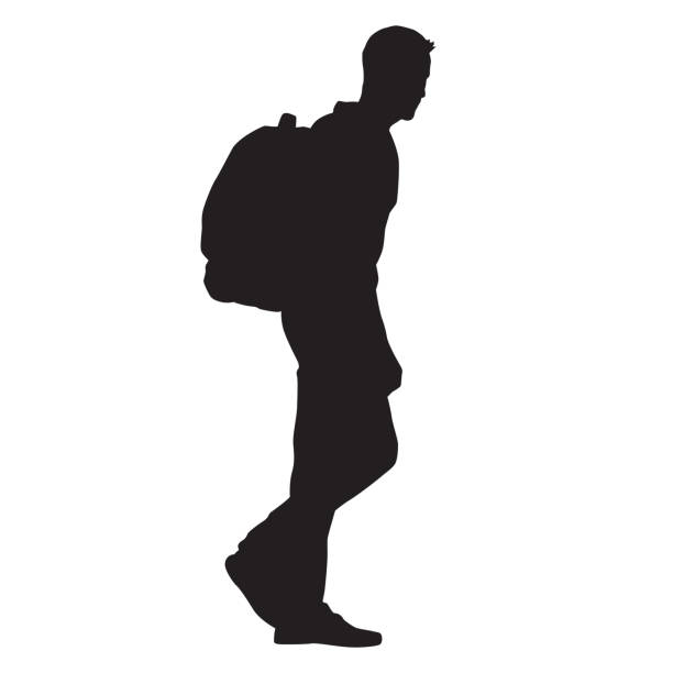 mann zu fuß mit rucksack auf dem rücken, isoliert vektor-silhouette - single object backgrounds white background side view stock-grafiken, -clipart, -cartoons und -symbole