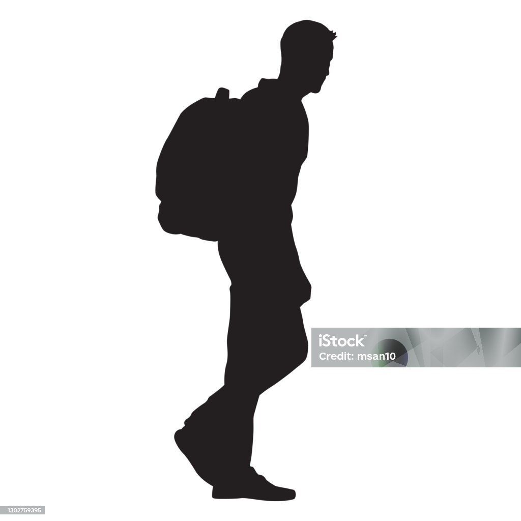 Man walking with backpack on his back, isolated vector silhouette In Silhouette stock vector