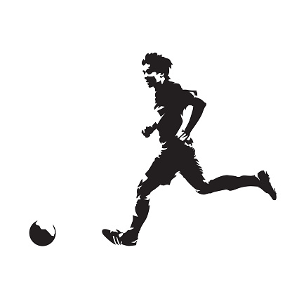Soccer player running with ball, abstract vector silhouette