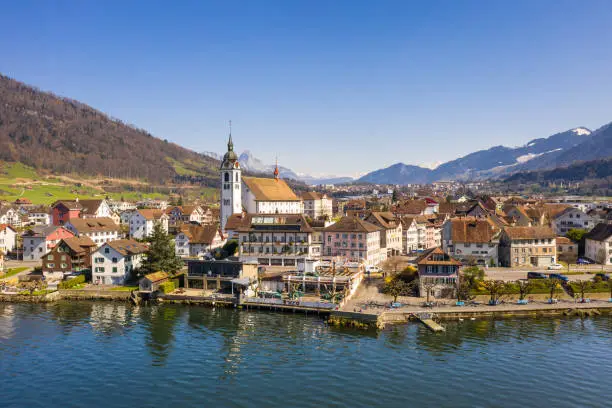 Aerial view of the Arth Goldau village by lake Zug in Canton Schwyz in Central Switzerland on a sunny day.