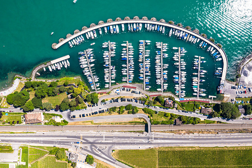Top down view of a marina in the famous Lavaux vineyard near Vevey in Canton Vaud in Switzerland