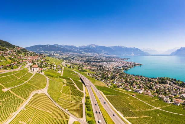 Stunning aerial view of the famous Lavaux vineyard by Vevey and lake Geneva in Canton Vaud in Switzerland Stunning aerial view of the famous Lavaux vineyard by Vevey and lake Geneva in Canton Vaud in Switzerland montreux stock pictures, royalty-free photos & images