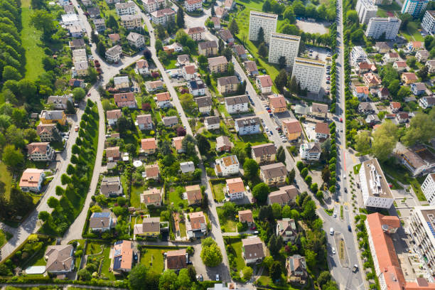 Aerial view of a residential district mixing single family homes and apartment buildings in Fribourg in Switzerland stock photo