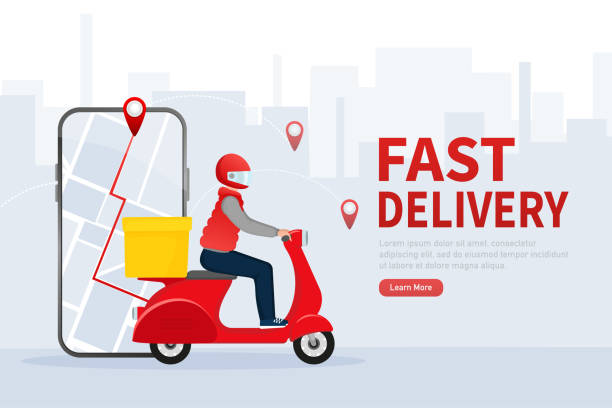 ilustrações de stock, clip art, desenhos animados e ícones de fast delivery in flat style. food delivery service. the courier rides a motorbike with the goods. - delivery van