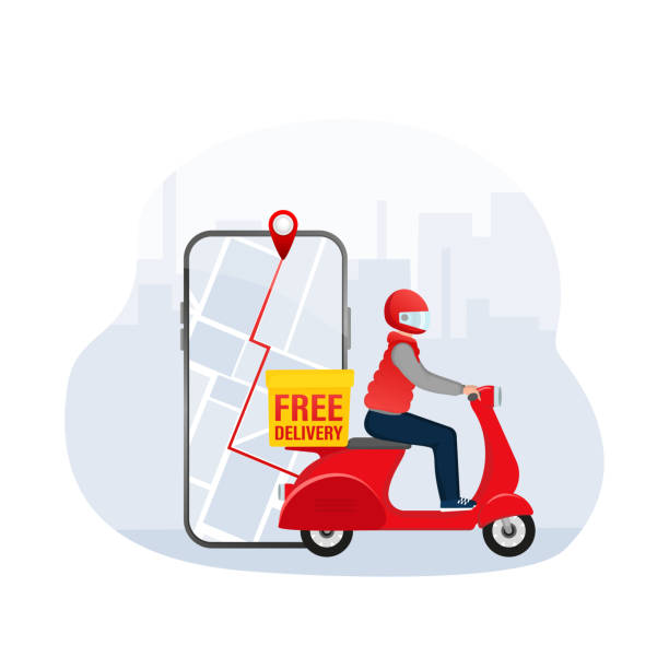 ilustrações de stock, clip art, desenhos animados e ícones de fast delivery in flat style. food delivery service. the courier rides a motorbike with the goods. - delivery van