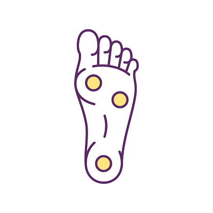 Pressure points on feet RGB color icon. Foot reflexology. Boosting blood circulation. Keeping muscles and tissues healthy. Acupressure points. Regulating digestive issues. Isolated vector illustration