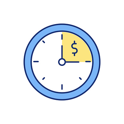 Working hours RGB color icon. Additional overtime payments. Regular pay rates. Working time limit. Extra hours. Normal hourly payments. Receiving overtime pay. Isolated vector illustration