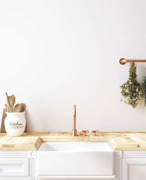 istock Wall mockup in kitchen interior background, Farmhouse style 1302765288