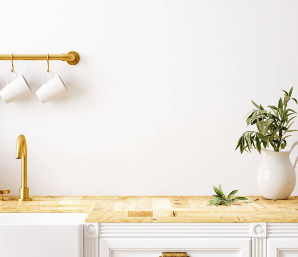 istock Wall mockup in kitchen interior background, Farmhouse style 1302765290