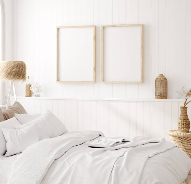 istock Mock up frame in cozy home interior background, coastal style bedroom 1302765291