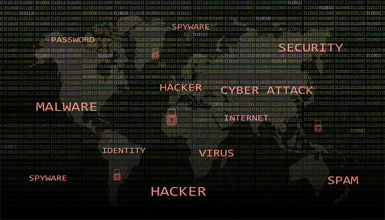 World map with 01 or binary numbers on the computer screen on monitor matrix background. Lock, hacker, cyber attack, spyware, malware concepts.