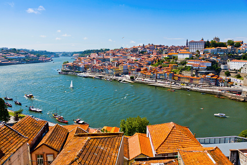 Aerial view of Douro river and Porto old town, Portugal