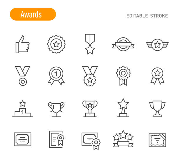 illustrazioni stock, clip art, cartoni animati e icone di tendenza di set icone premi - serie linea - tratto modificabile - silhouette trophy sport success