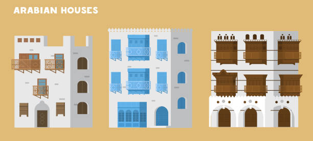 Ancient Buildings Of Jeddah. Authentic Traditional Arabian Houses Vector Illustrations Set. Ancient Buildings Of Jeddah. jeddah stock illustrations