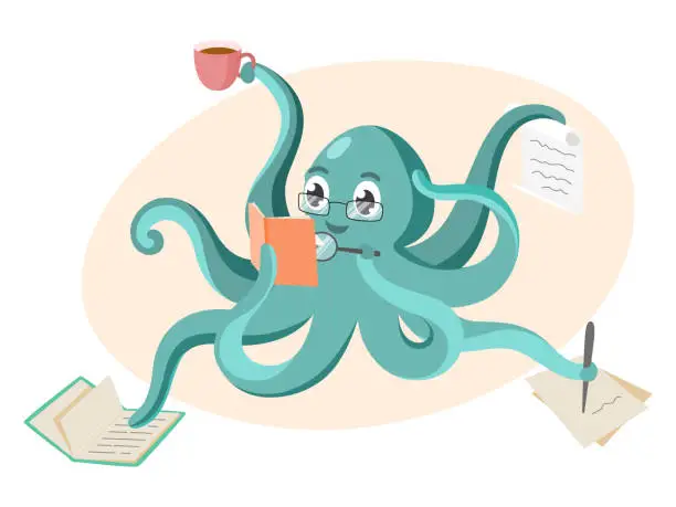 Vector illustration of An octopus doing many things at once. Multitasking and education concept. Reading books.
