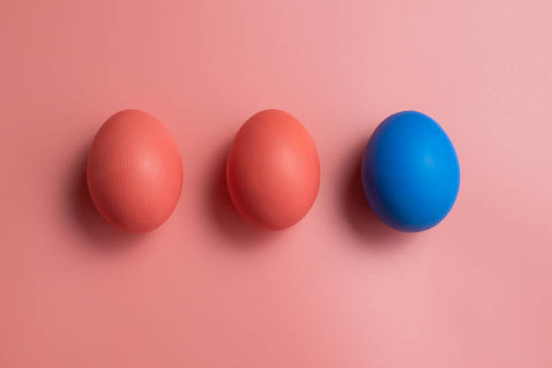 istock Pink and blue eggs. Eggs on a pink background. Three colored chicken eggs. Easter decorations. 1302775418