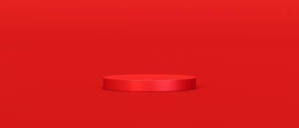 istock Red product background stand or podium pedestal on empty display with blank backdrops. 3D rendering. 1302777738