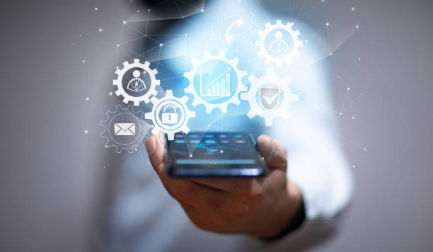 istock Business process abstract diagram with gears and icons 1302778967
