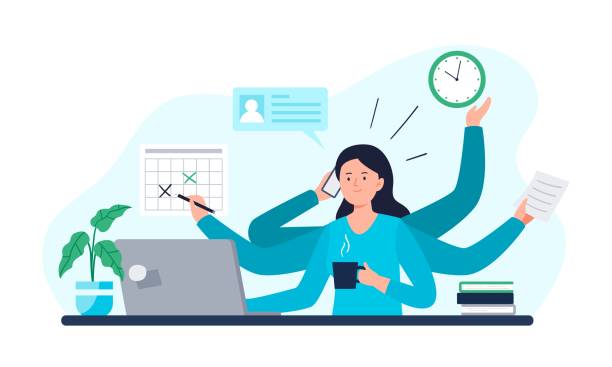 A Businesswoman Does All Work Tasks in Time. Multitasking, Time Management, and Productivity Concept. Vector Flat Illustration. A Businesswoman Does All Work Tasks in Time. Freelance or Office Worker. Multitasking, Time Management, and Productivity Concept. Vector Flat Illustration. versatility stock illustrations