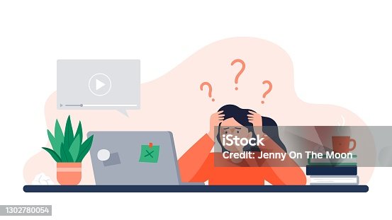istock Exhausted Woman Trying Watch Online Course. Online Education, E-learning, Studying at Home, Tutorials. Vector Flat Illustration. 1302780054