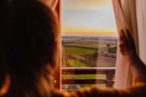 Young woman looking at vine field through window during home isolation