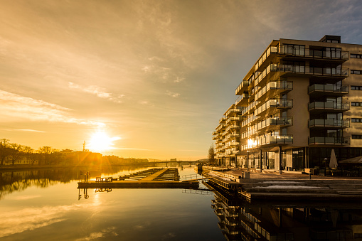 Sunrise in Drammen, Norway with new apartment buildings just next to Drammenselven (Drammen river)