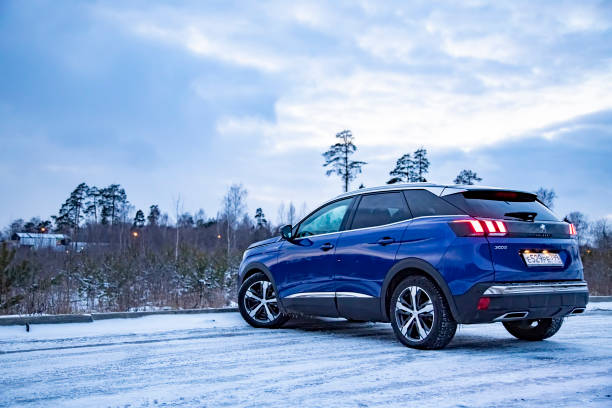 rear view Blue SUV Peugeot 3008 on on winter landscape. stock photo