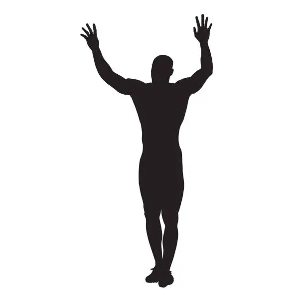 Vector illustration of Man waving his hands over his head. Athlete celebrating success, vector silhouette