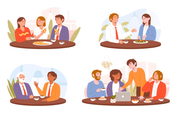 sammlung von verschiedenen multirassischen glücklichen kollegen - dinner party dinner party lunch stock-grafiken, -clipart, -cartoons und -symbole