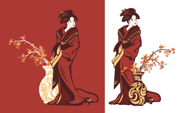 ilustraciones, imágenes clip art, dibujos animados e iconos de stock de retrato vectorial de geisha japonesa por el jarrón con ramas de arce de temporada de otoño - japanese maple autumn leaf tree