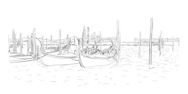 Vector illustration of Gondolas near Saint Mark square with San Giorgio di Maggiore church in Venice, Italy. Vector drawing