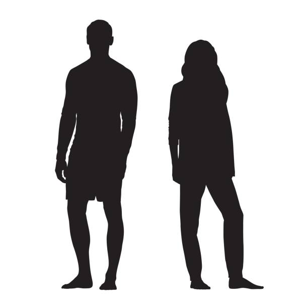 illustrations, cliparts, dessins animés et icônes de homme et femme debout, deux silhouettes vectorielles de jeunes personnes - fashion fine art portrait young adult beautiful people