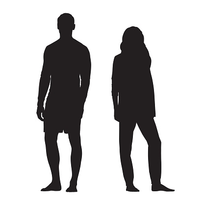 Standing man and woman, two young people vector silhouettes