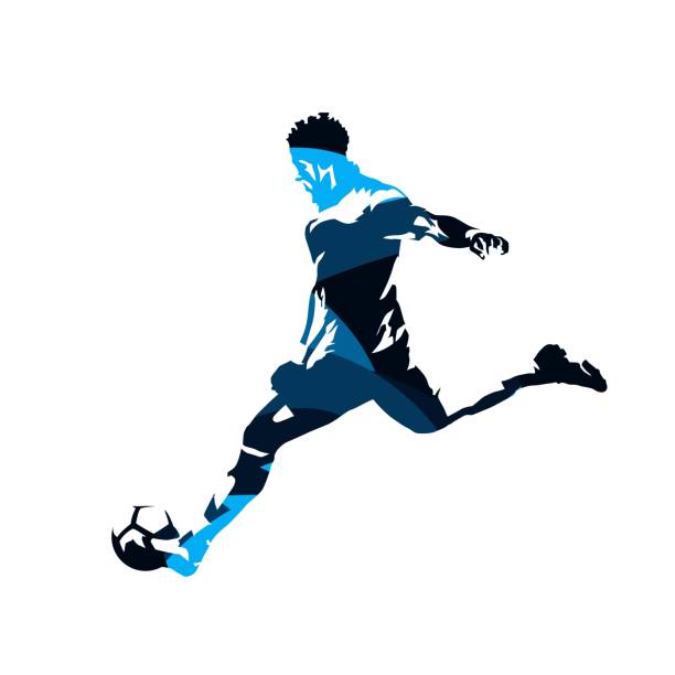 piłka nożna kopanie piłki, abstrakcyjna niebieska sylwetka wektora, widok z boku - soccer player stock illustrations