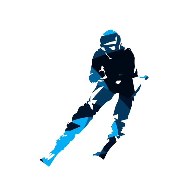 illustrazioni stock, clip art, cartoni animati e icone di tendenza di sciatore di discesa, silhouette vettoriale blu astratta, vista frontale. sport invernali - sciatore velocità