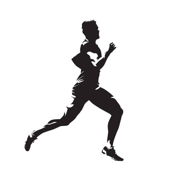 running man, abstrakte vektor isolierte silhouette. seitenansicht. marathonläufer - single object backgrounds white background side view stock-grafiken, -clipart, -cartoons und -symbole