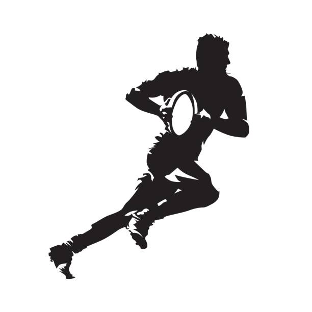 illustrations, cliparts, dessins animés et icônes de joueur de rugby exécutant avec la bille, silhouette abstraite d’isolement de vecteur. vue latérale. sport d’équipe - rugby