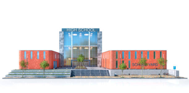 istock School fasade on the white background. 3d illustration 1302785140