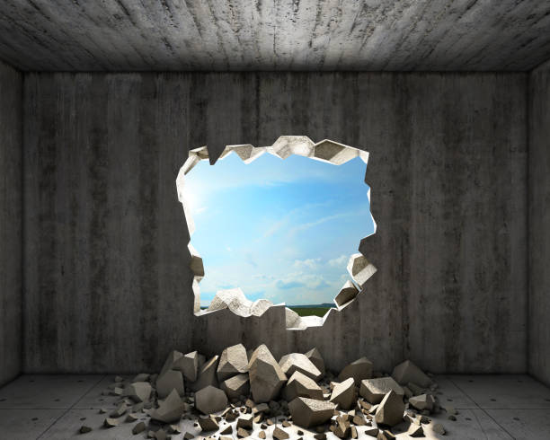 istock Destroyed concrete wall with a hole and the fallen stones, 3d illustration 1302785318