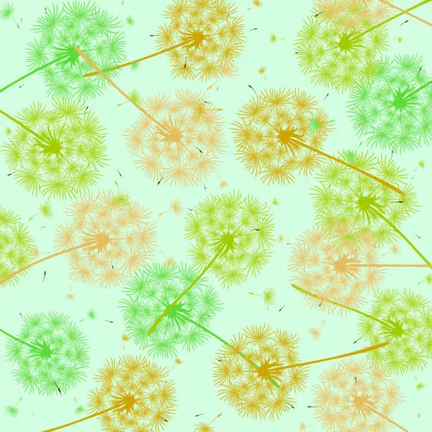 Vector illustration of Abstract blue background with colored dandelions. Texture of flying dandelions and small seeds. Spring background with delicate flowers. Vector illustration of a dandelion.