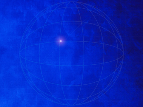 A Three Dimensional spherical grid stands out from the blue of space.  Latitude and longitude. There is a bright lens flare offering hope.