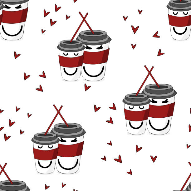 Scalable vector graphics. Romantic bright cartoon seamless pattern Valentine's Day. Coffee cups, lovers of cups with soapy faces. Pattern for branding, banner, cover, postcard, wrapping paper. Scalable vector graphics. Romantic bright cartoon seamless pattern Valentine's Day. Coffee cups, lovers of cups with soapy faces. Pattern for branding, banner, cover, postcard, wrapping paper. valentinstag stock illustrations