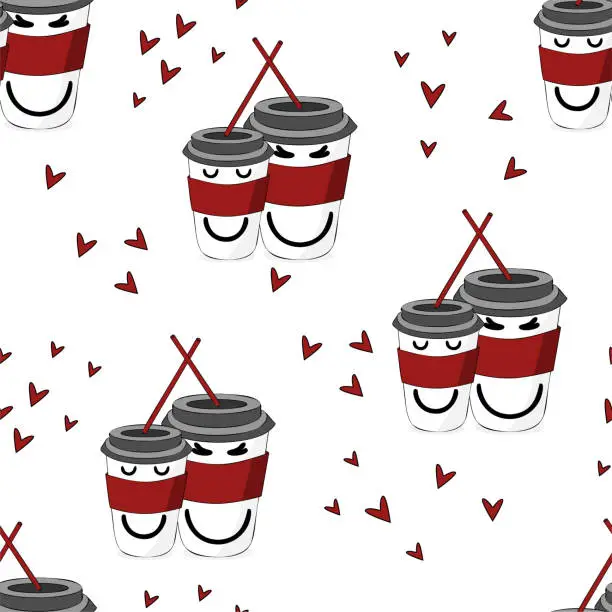 Vector illustration of Scalable vector graphics. Romantic bright cartoon seamless pattern Valentine's Day. Coffee cups, lovers of cups with soapy faces. Pattern for branding, banner, cover, postcard, wrapping paper.