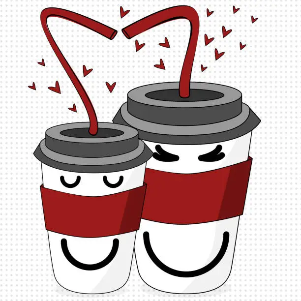 Vector illustration of Scalable vector graphics. Romantic bright cartoon background for Valentine's Day. Coffee cups, lovers of cups with soapy faces. Background for branding, banner, cover, postcard.
